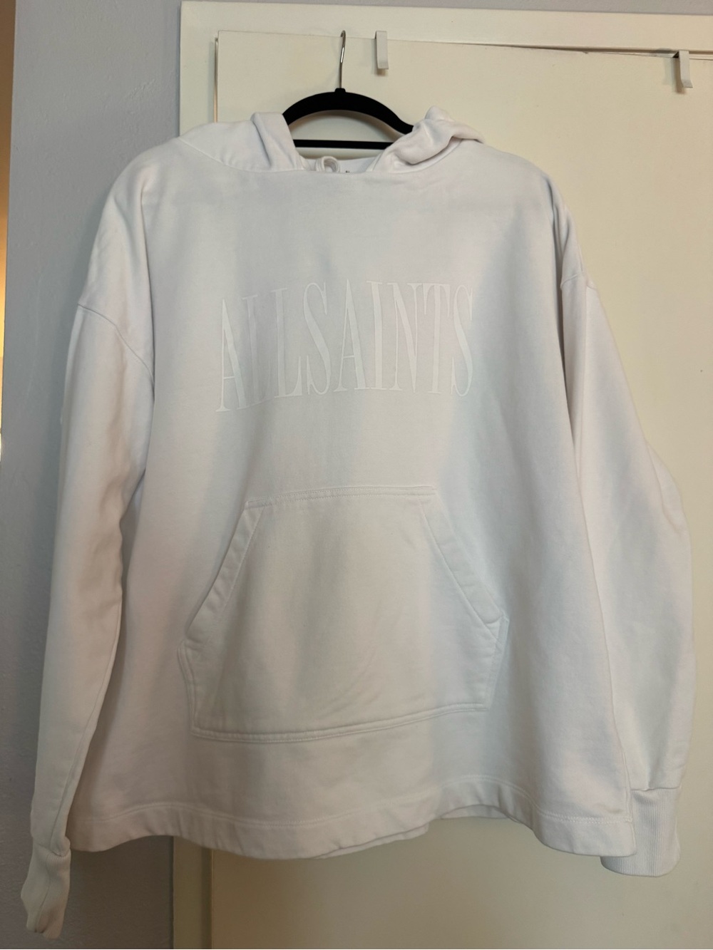 AllSaints oversized monochrome White Pullover Hoodie with Branded Neck Tag - Picture 3 of 12